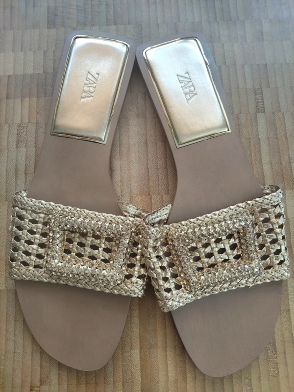 Zara Metallic Gold Braided Crystal-Embellished Slide Sandals
